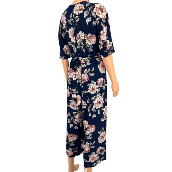 June & Hudson Jumpsuit Medium Navy Pink Cropped Wide Leg Dolman Sleeve - Picture 4 of 11